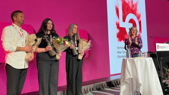 Three people from Aker Solutions Stord were on the podium to receive the 2025 LO equality award representing HR at Stord yard, Fellesforbundet, and EL & IT Forbundet.